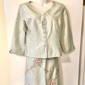 Maggy London Sage Green Silk Embroidered Suit